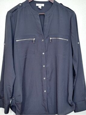 Calvin Klein Dark Gray Zip Pocket Blouse Long Sleeve Roll Tab Top Size L